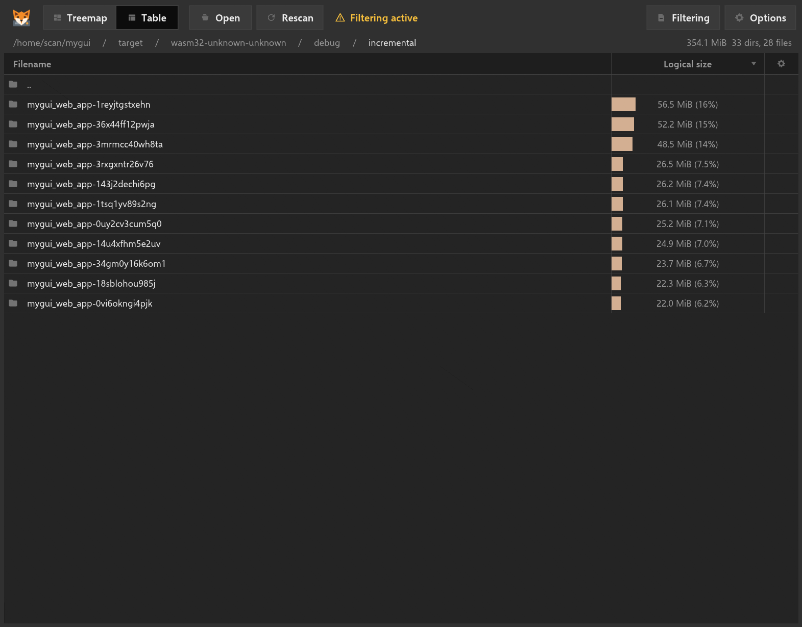 StorageFox table view listing folders by logical size
