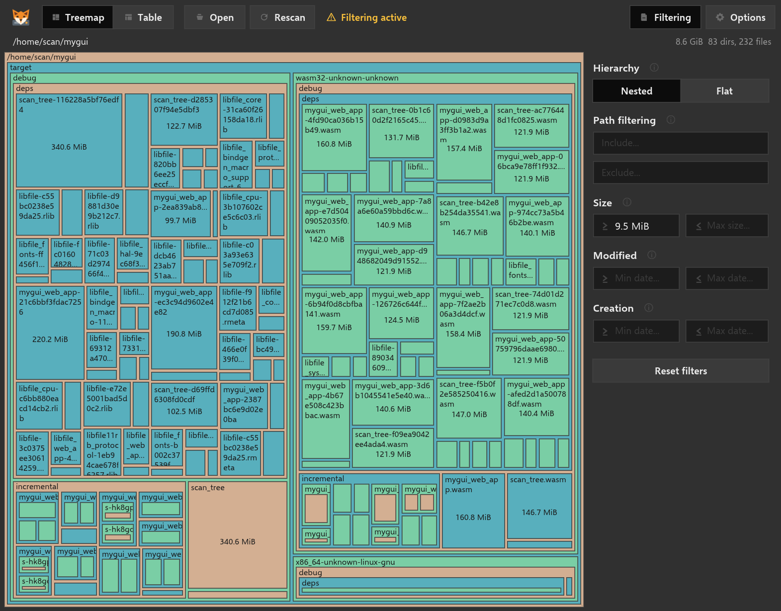 StorageFox treemap with filters for hierarchy, path, size, and dates
