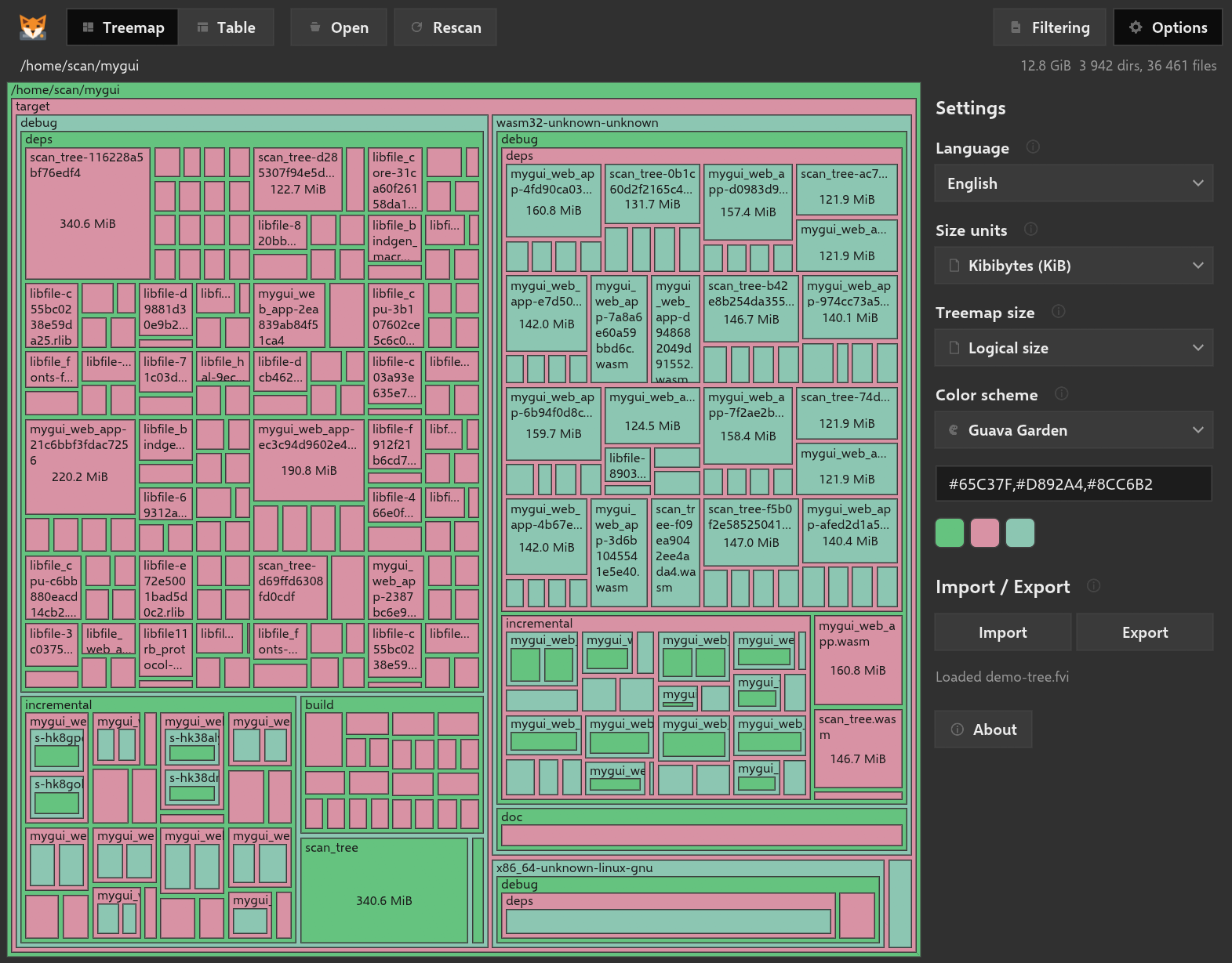StorageFox settings for size units, treemap colors, and snapshot import and export